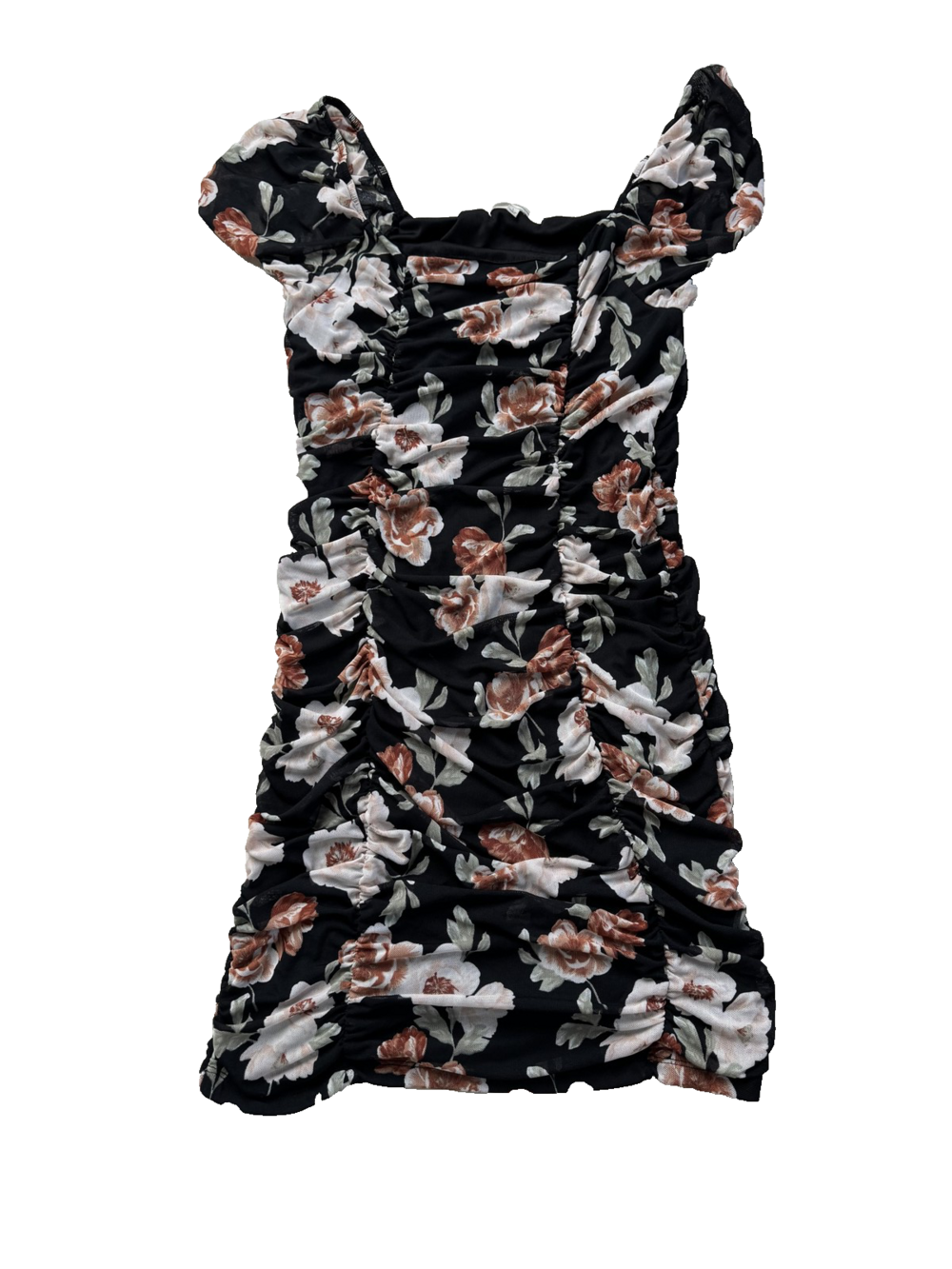No Comment Dress Womens Large Floral Ruched Puff Sleeve Mini Stretchy Party